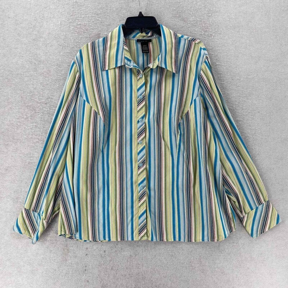 Lane Bryant Womens 18/20 Blue Green Striped Button Up Long Sleeve Stretch Blouse